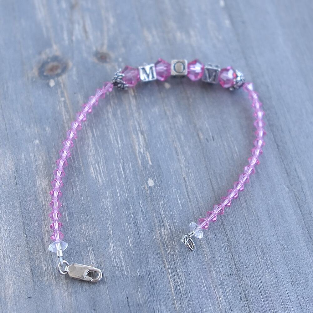 Sterling Silver 925 Mom Bracelet Pink Crystal Beads Cube Letter Beads 7.5"